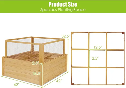 Vista 7 de Giantex Cama de jardín elevada con valla, maceta de madera elevada con valla de protección, contenedor de plantas de 9 rejillas, caja de plantas al