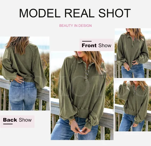 Vista 3 de Dokotoo Sudaderas de gran tamaño con cuello de botón para mujer, manga de farol, holgadas, para mujer