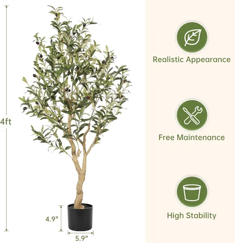 Vista 4 de Realead Árbol de olivo sintético de 4 pies – Plantas realistas de olivo de interior – Olivo falso con tronco grueso y frutas realistas – Olivos