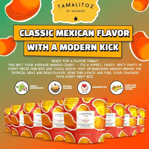 Vista 3 de Tamalitoz - Mango para masticar labios, caramelo duro mexicano de mango picante relleno de chile, lima y sal marina, caramelo de fruta hecho a mano