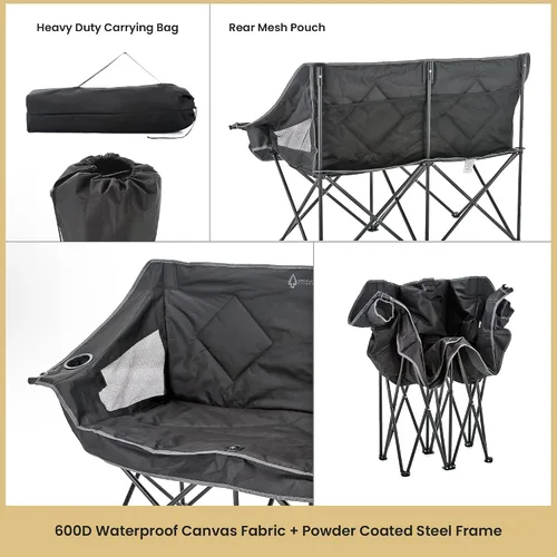 Vista 6 de ARROWHEAD OUTDOOR Silla de camping plegable portátil doble Duo con 2 tazas y soporte para copas de vino, bolsa de transporte, soporta hasta 650