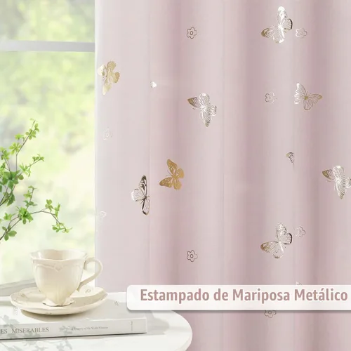Vista 3 de Jubilantex - Cortinas opacas con diseño de mariposa dorada, 80 % rosa bebé Cortinas opacas 80% rosa lavanda/rosa bebé, estampado de mariposa