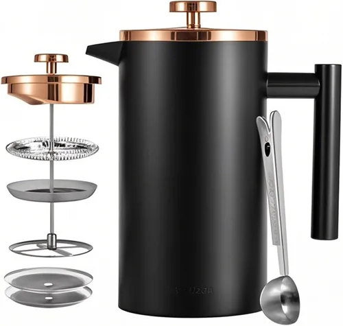 Vista 11 de Prensa Francesa Pequeña 350ml Negra, Prensa Francesa de Acero Inoxidable con Pared Doble Aislada para Viaje y Camping, Cafetera de Café Colado