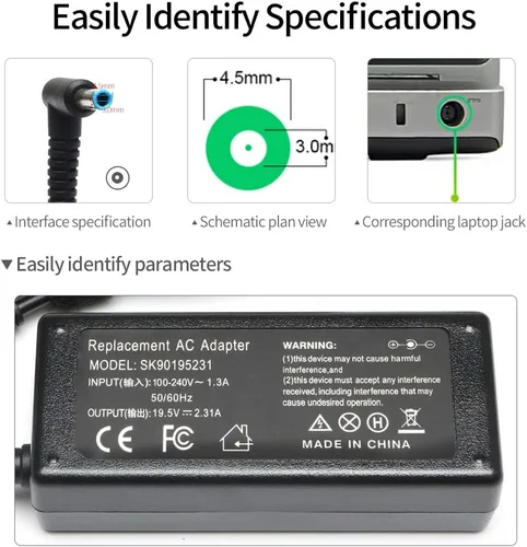 Vista 3 de Cargador para portátil de 45 W compatible con laptop HP de 14 pulgadas 14-DK 14-DQ 14-DF 14-DH 14-DS 14-AC 14-AK 14-AL 14-BA Series, 14-DF0023CL