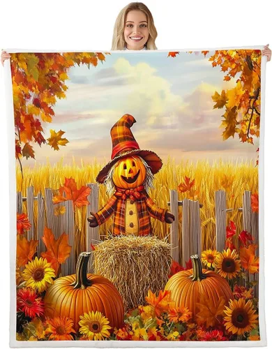 Vista 16 de Manfei Hello Fall Throw Blanket Pumpkin Maple Leaf Plaid Patchwork Fleece Blanket Autumn Theme Cozy Throws for Bed Couch Sofa,Kids Boys Girls Room