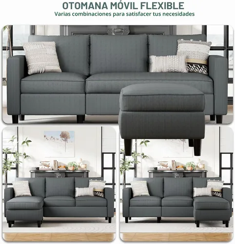 Vista 4 de SUNLEI Sofá modular en forma de L, moderno sofá modular reversible gris con otomana reversible, sofás seccionales de 3 asientos para sala de estar