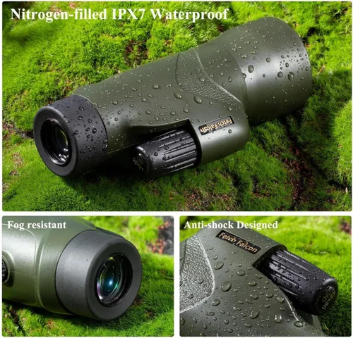 Vista 9 de Monoculares impermeables con relleno de nitrógeno HD 12x50 IPX7 con soporte para teléfono, trípode, correa de mano – Óptica BAK4 FMC, HD verde