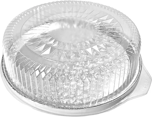 Vista 4 de PACTOGO Bandejas redondas de papel de aluminio planas de 12 pulgadas con tapas de cúpula transparentes, platos desechables apilables para fiestas