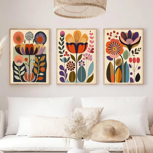 Vista 3 de Juego de 3 pósteres florales retro, imágenes de flores coloridas, póster moderno y colorido de arte de pared botánico bohemio de mediados de siglo
