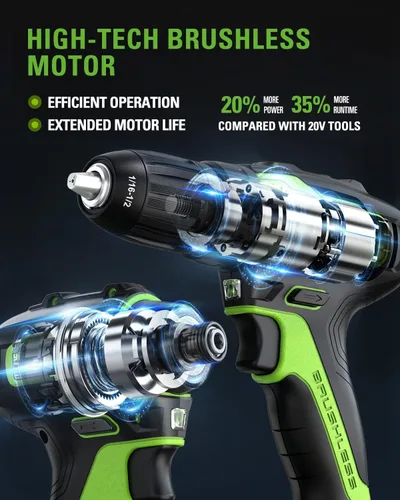 Vista 2 de Greenworks Kit combinado de taladro/destornillador sin escobillas de 24 V + impulsor de impacto, baterías y cargador incluidos, con juego de brocas