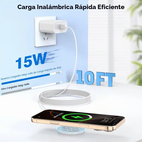 Vista 2 de Cargador inalámbrico magnético de 10 pies Apple Fast Mag-Safe, con 15 W USB C de carga rápida PD bloque para iPhone 16/16 Plus/16 Pro/Pro Max/iPhone
