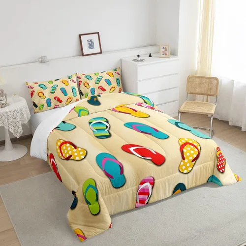 Vista 4 de Erosebridal Juego de ropa de cama con temática costera de playa, juego de edredón con patrón de chanclas, relleno de edredón de verano oceánico