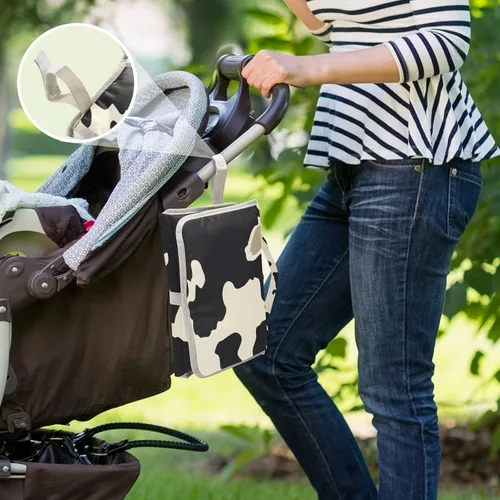 Vista 6 de Cambiador de pañales portátil con estampado de vaca beige y negro, impermeable, plegable, tapete cambiador de pañales de viaje para bebés, regalos
