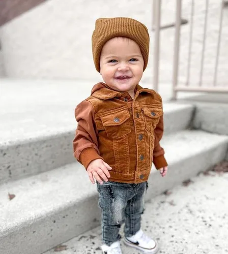 Vista 3 de Chaquetas con capucha para bebé niño con bloques de color, manga larga, con botones, camisas de pana casual, ropa de otoño