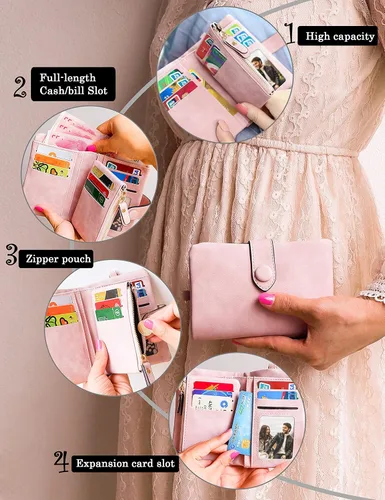 Vista 5 de CONISY Billeteras pequeñas de pulsera para mujer, billetera de cuero plegable RFID con ventana de identificación y cremallera Small, Bifold, RFID