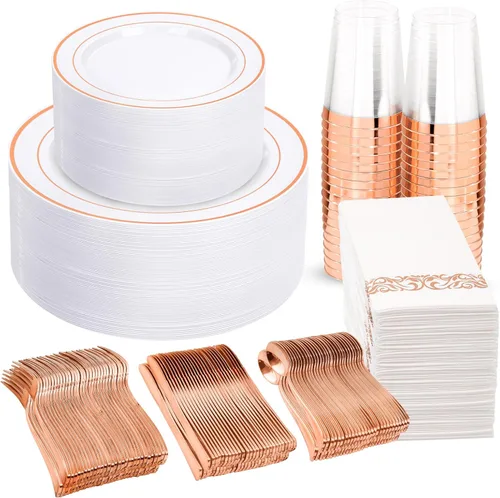 Vista 11 de WELLIFE 210 vajilla de plástico negro con servilletas preenrolladas, incluye: 30 platos llanos, 30 platos de postre, 30 servilletas de papel, 30