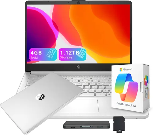Vista 10 de HP Stream - Laptop HD para estudiantes y negocios de 14 pulgadas con copiloto AI, AMD Athlon 7120, 4 GB de RAM, almacenamiento de 1.12 TB