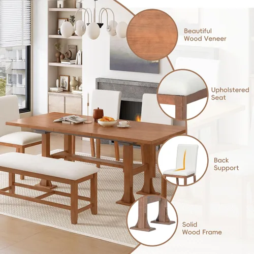Vista 7 de LUMISOL 6-Piece Extendable Dining Table Set, Farmhouse Dining Room Set with 4 Chairs and Bench, 76 Inch Trestle Table with 18 Inch Removable Leaf