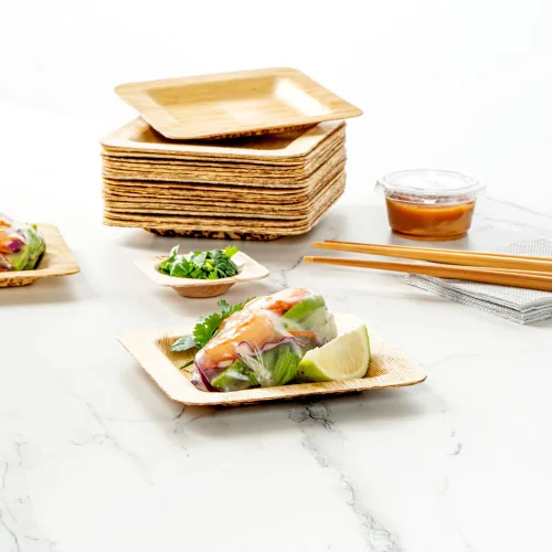 Vista 7 de Restaurantware Bambuddha - Platos de bambú de 4.7 x 4.7 pulgadas, 100 platos duraderos para aperitivos, platos desechables de bambú