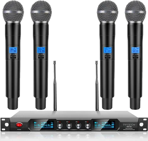 Vista 8 de innopow Sistema de micrófono inalámbrico de 4 canales, micrófono inalámbrico de metal UHF cuádruple, 2 micrófonos de mano, 2 micrófonos de bolsillo