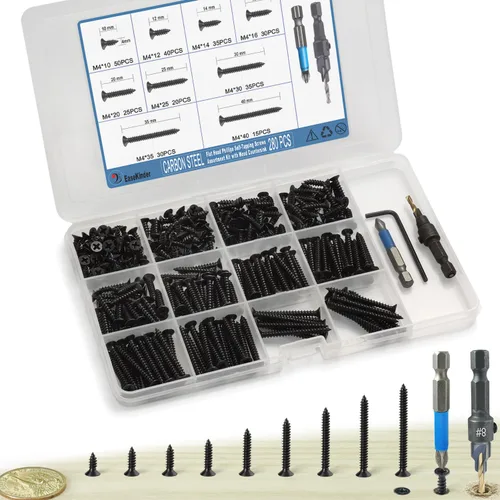 Vista 10 de Kit surtido de 440 piezas de tornillos de cabeza plana Phillips para madera, tornillos autorroscantes de acero al carbono con taladro para madera