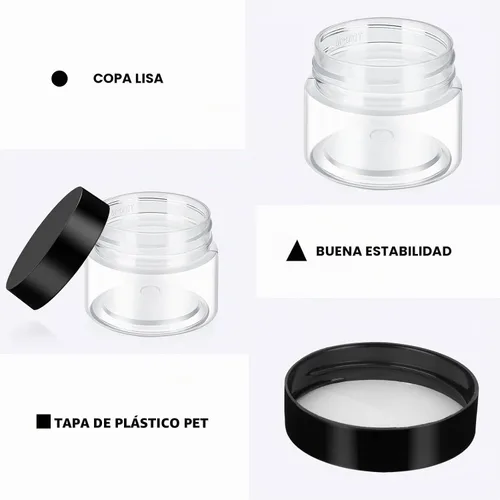 Vista 3 de 36 tarros de plástico redondos transparentes a prueba de fugas para cosméticos con forro interior y tapas negras para lociones, ungüentos Negro