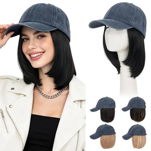 Vista 23 de Hairro Peluca de gorra de béisbol con cabello adjunto, corto estilo Bob ajustable, extensiones de cabello sintético para mujeres, balayage