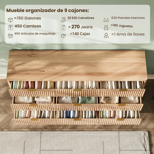 Vista 3 de Cómoda acanalada con 9 cajones de 63 pulgadas de ancho para dormitorio, borde curvado, roble Wooden Closet Organizer for Bedroom,Fluted Dresser with