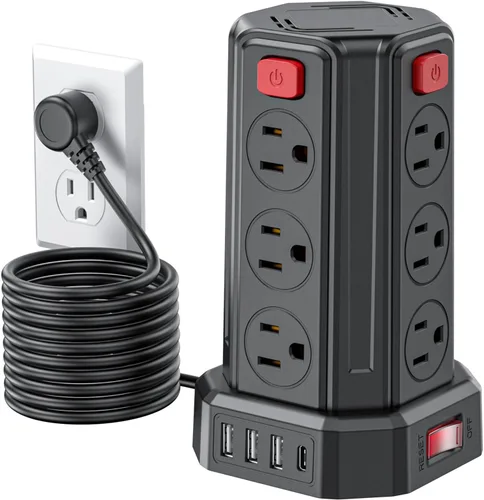 Vista 11 de Tira de alimentación con protector de sobretensiones, cable de extensión de 6.5 pies con 12 tomas múltiples de CA, 4 USB (1 USB C), estación de Negro
