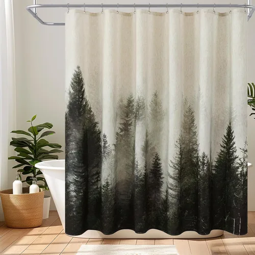 Vista 10 de ORTIGIA Cortina de ducha con diseño de bosque de montaña, tela de lino de mezcla pesada, árbol natural negro, cortina de baño de bosque brumoso, 60
