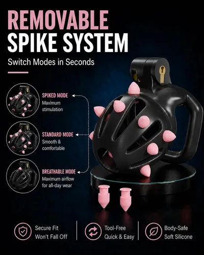 Vista 3 de Jaulas de castidad masculina para hombres, jaula pequeña para pene con puntos de masaje de silicona, ligera impresa en 3D, anillos de 5 tamaños