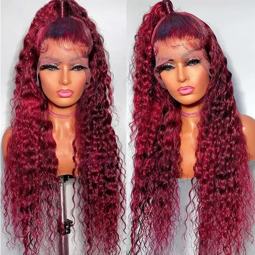 Vista 5 de Pelucas de encaje frontal burdeos para mujeres negras de 24 pulgadas 99J, ondas profundas, 13x4, encaje frontal transparente, sin pegamento, textura