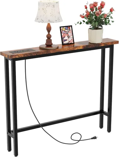 Vista 10 de VINGLI Mesa consola de 39 pulgadas con toma de corriente, mesa de sofá Negro