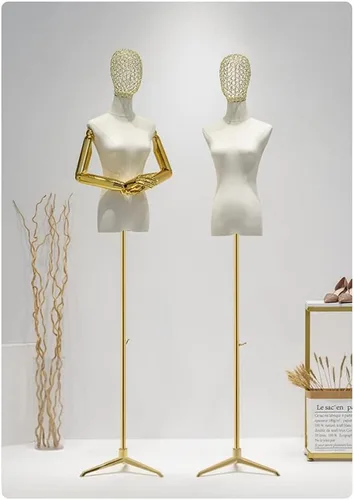 Vista 3 de Maniquí de forma de vestido femenino ajustable con soporte de trípode, brazos y cabeza desmontables para costura, ropa y exhibición de joyas, dorado