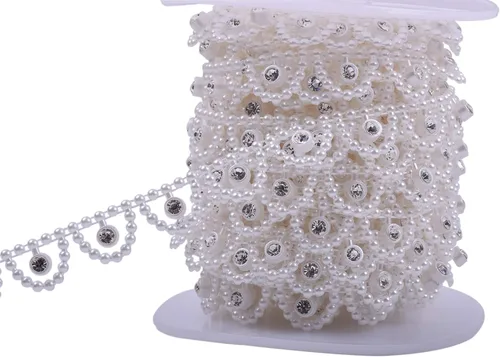 Vista 19 de KAOYOO Cinta con diamantes de imitación, 10 yardas con perlas de imitación, rollo de cuentas florales de perlas sintéticas para vestidos de boda