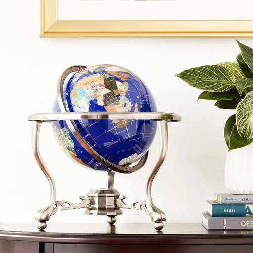 Vista 4 de Globo terráqueo de piedra preciosa imitación, océano lapislázuli para escritorio Unique Art, de 13 pulgadas de alto con soporte trípode de plata
