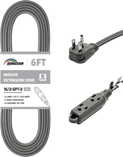 Vista 37 de Cable de extensión de enchufe plano de 3 tomas, certificado UL, cable de extensión para interiores de 16 calibre 1 pie negro de 3 puntas, tira