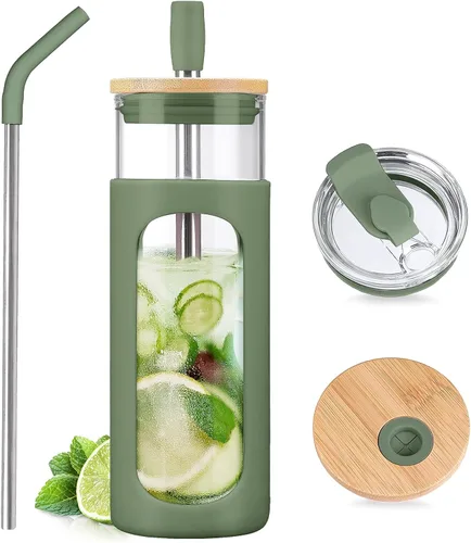 Vista 30 de Kodrine Vaso para agua de vidrio de 20 onzas con popote y tapa, botella de agua con tapas de bambú, taza para café helado, reutilizable, boca ancha