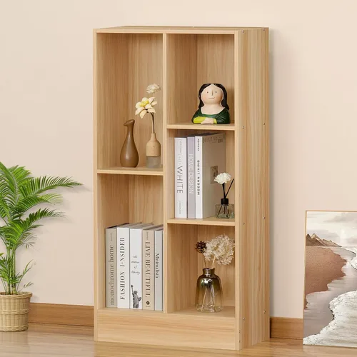 Vista 18 de LEYAOYAO Estantería moderna de 5 cubos de madera marrón de mediados de siglo, estante organizador de almacenamiento de 3 niveles, gabinete