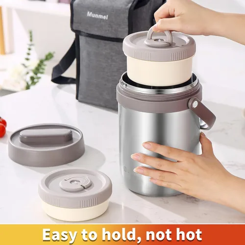 Vista 4 de Lonchera para adultos con vacío, termo para sopa con insertos, lonchera bento apilable, contenedor de almacenamiento, boca ancha, de acero