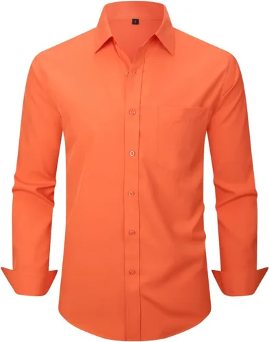 Vista 8 de corfty Camisa de vestir de manga larga para hombre, ajuste regular, elástica, sin arrugas, casual, con botones