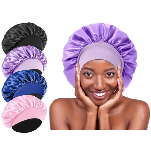 Vista 13 de 4 gorros de satén de seda para dormir, banda ancha elástica para mujeres y hombres, gorros de seda para cabello rizado para dormir