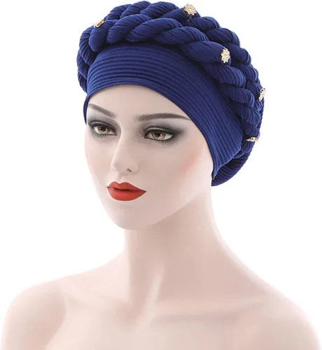 Vista 2 de Turbante con forro de satén bohemio para la cabeza, cubierta de cabeza étnica, gorra trenzada, turbante preatado para el cabello