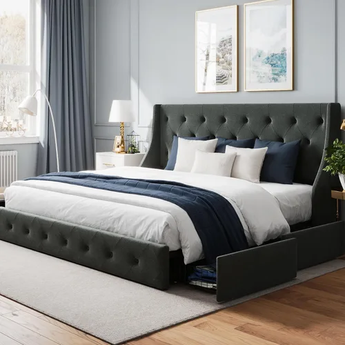 Vista 9 de WEEWAY Base de cama tapizada de tamaño matrimonial con 4 cajones de almacenamiento y cabecera con respaldo de ala, diseño capitoné, no necesita