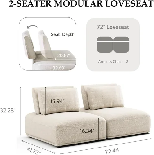 Vista 3 de Furniture of America Tatiana Modern Boucle - Sofá modular de 2 plazas con respaldo ajustable para sala de estar, oficina, combinación libre Boucle