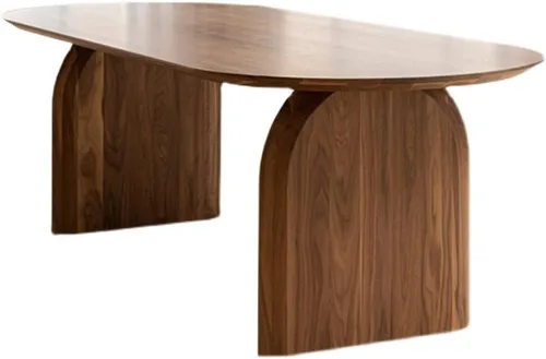 Vista 5 de Moderna mesa ovalada sólida con doble pedestal, madera natural, muebles de estilo Wabi-sabi para comedor, cocina, ocio, mesa de centro, color Marrón
