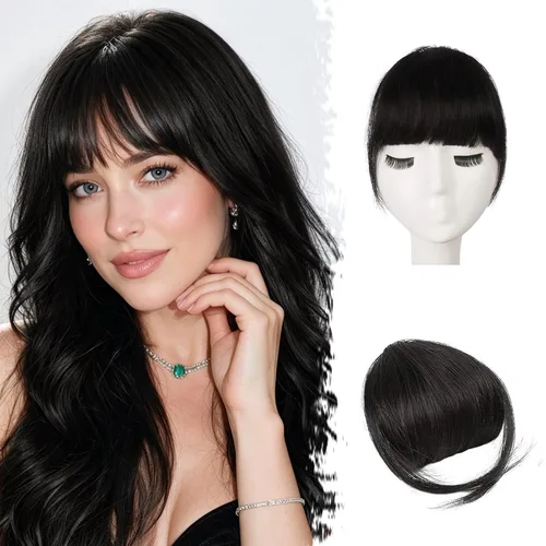 Vista 11 de BARSDAR Flequillo postizo de pelo humano real - Flequillo postizo 100% pelo humano para mujeres - Extensiones de flequillo ondulado castaño rojizo