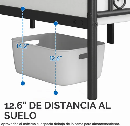 Vista 9 de Yaheetech - Base de cama, plataforma clásica de metal con cabecera y estribo - base de colchón con diseño floral para adultos, niñas, niños Negro