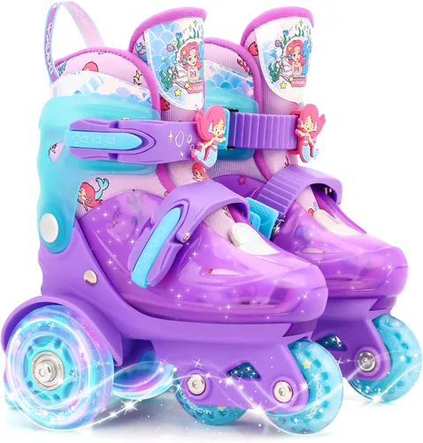 Vista 13 de Patines de ruedas ajustables para niños, niñas y señoras con ruedas que se iluminan con flash (edad 3-9), equilibrio de tres puntos, empaque de caja