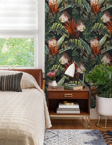 Vista 2 de HAOKHOME Papel tapiz removible con diseño floral de selva para despegar y pegar, papel de pared de vinilo negro/verde/rojo, papel de contacto, 17.7